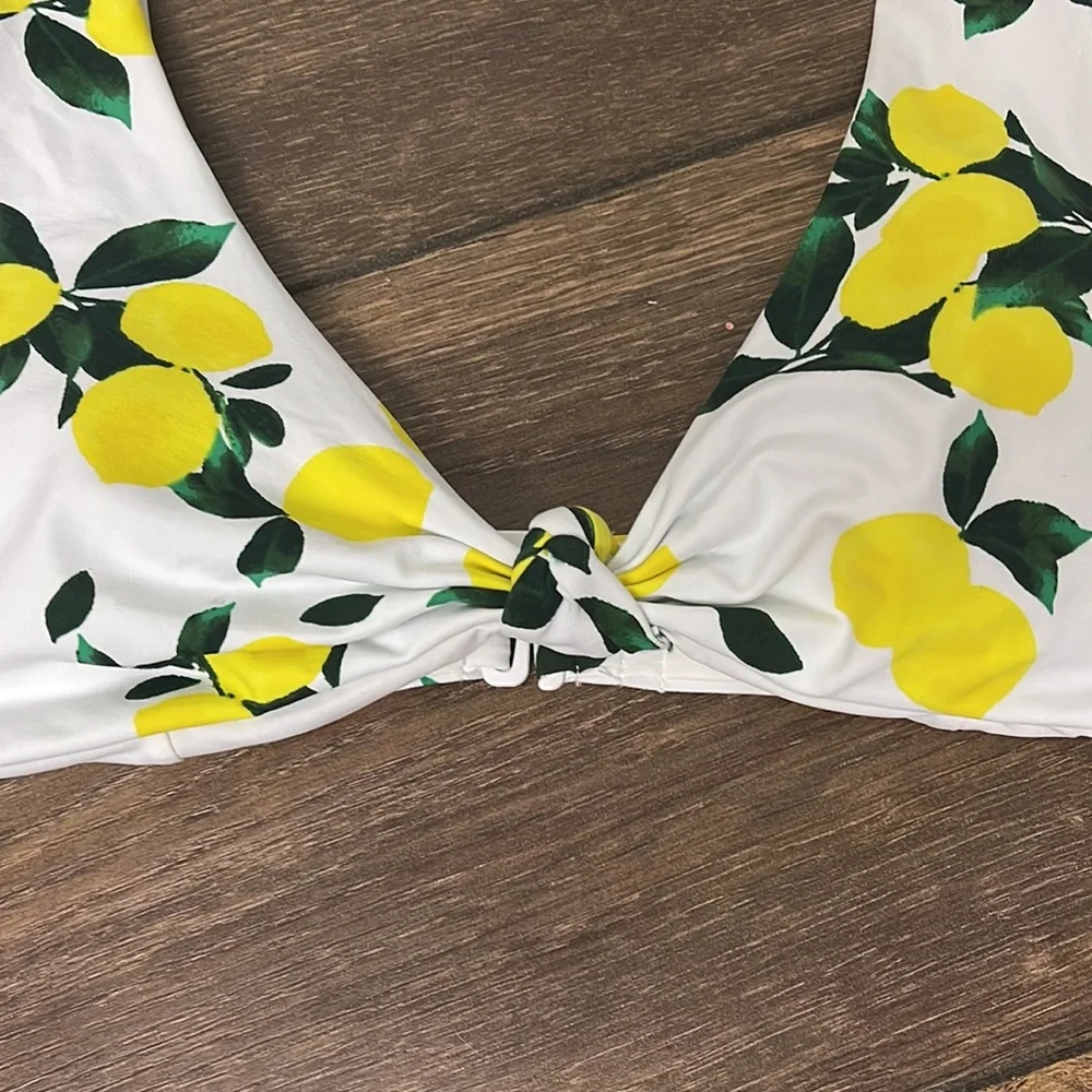 NWT AQUA Swim Knotted Lemon Print Bikini Top, Size S